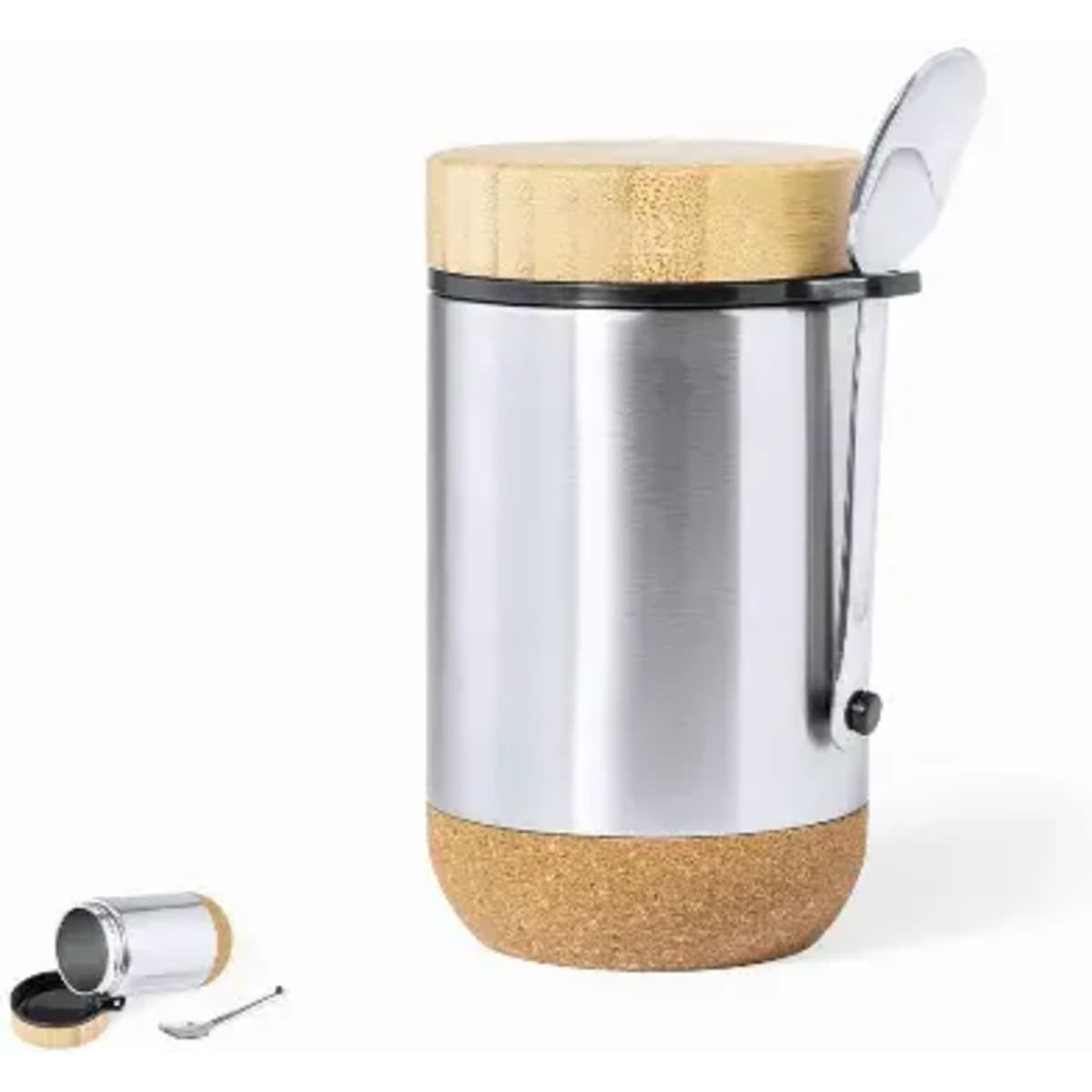 A drink bottle with a stainless steel body and a bamboo lid, featuring a cork base and a spoon attached.