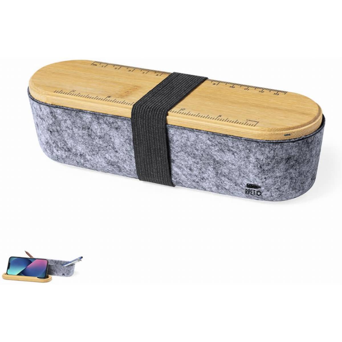 A pencil case made of grey felt with a wooden lid featuring a ruler, secured with a black elastic band.
