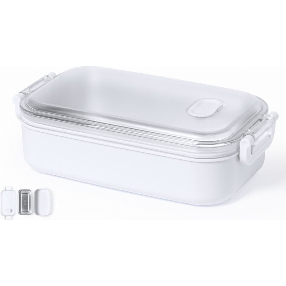 A food storage container in white with a clear lid and side handles, featuring a logo on the side.