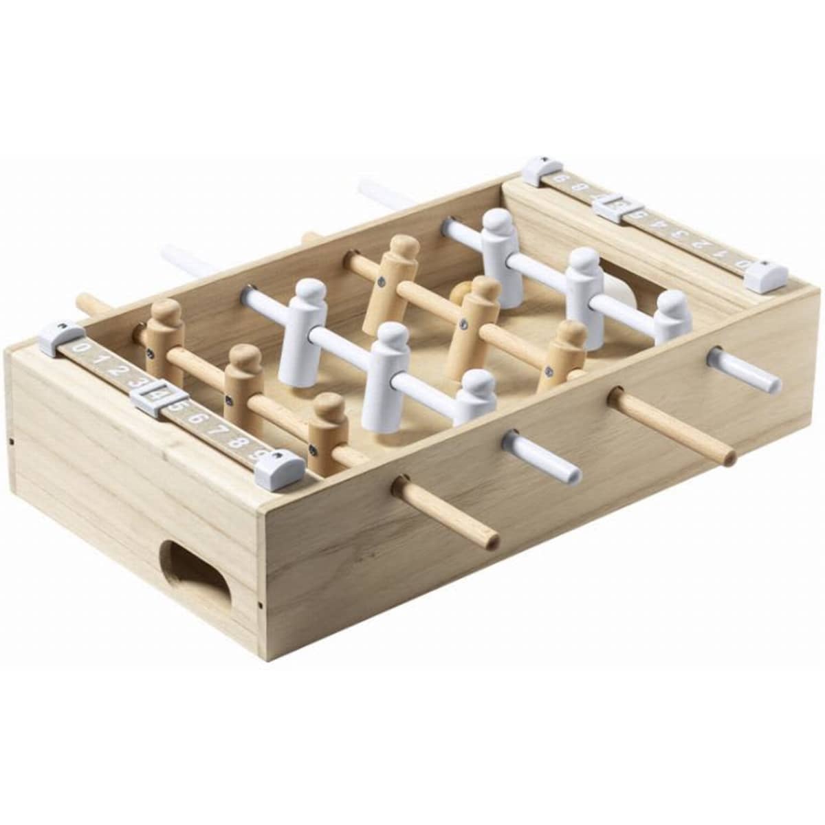 A wooden tabletop foosball game featuring white and natural wooden players, with a light-coloured base.