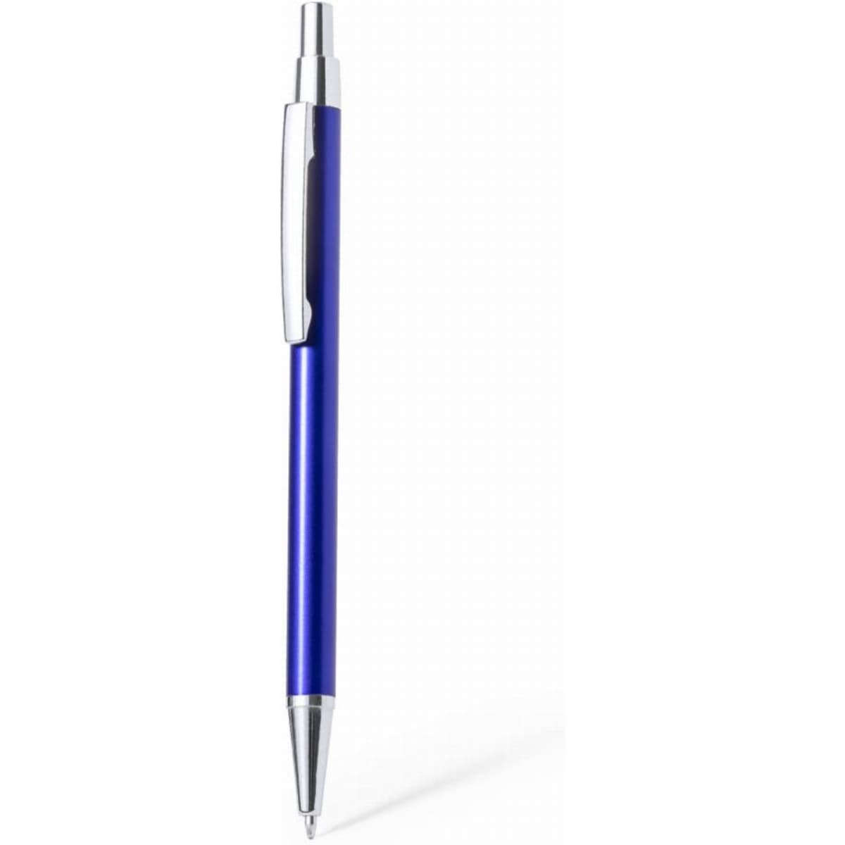 A pen with a blue barrel and silver accents, featuring a clip and a retractable ballpoint tip.