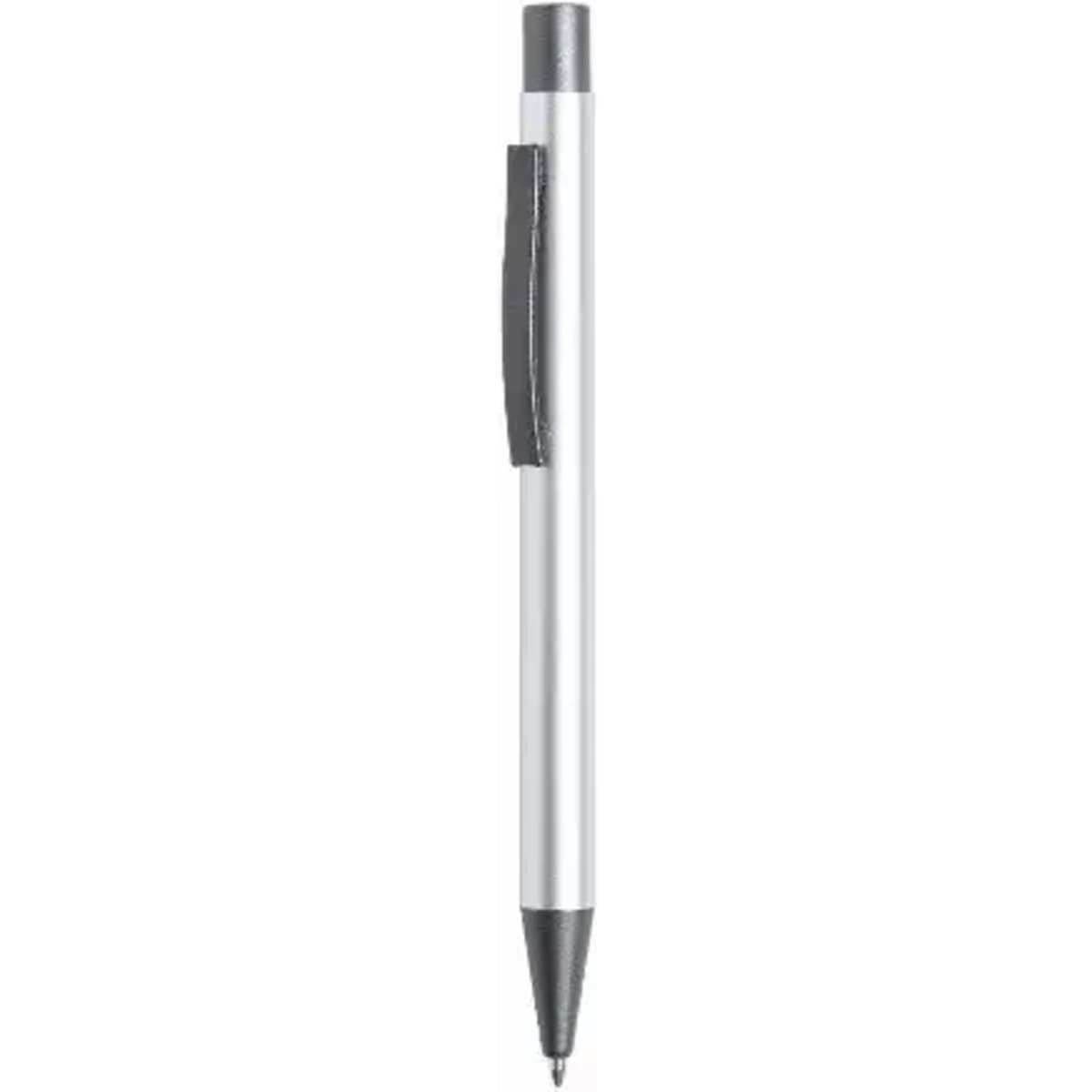 A silver pen with a black grip and tip, featuring a clip on the side.