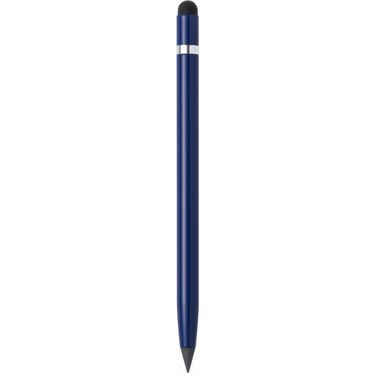 A stylus pen with a blue barrel and a black tip, featuring a silver band. It has a sleek, modern design.