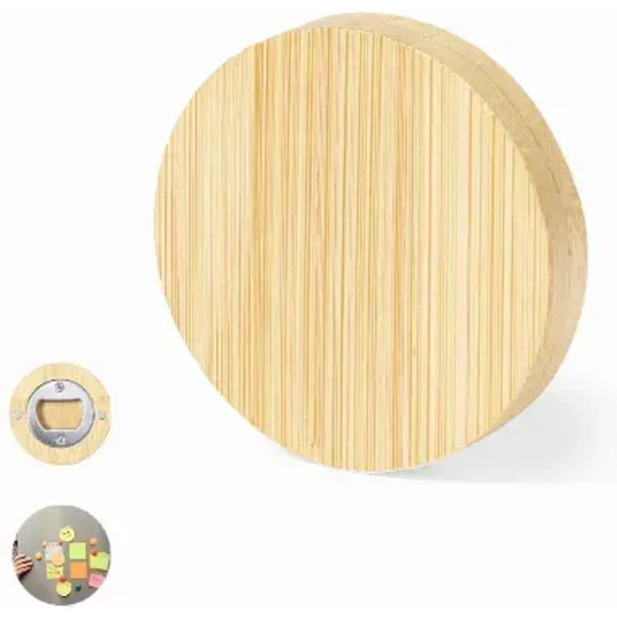 A round bamboo board with a smooth surface, featuring a small cut-out section for storage.