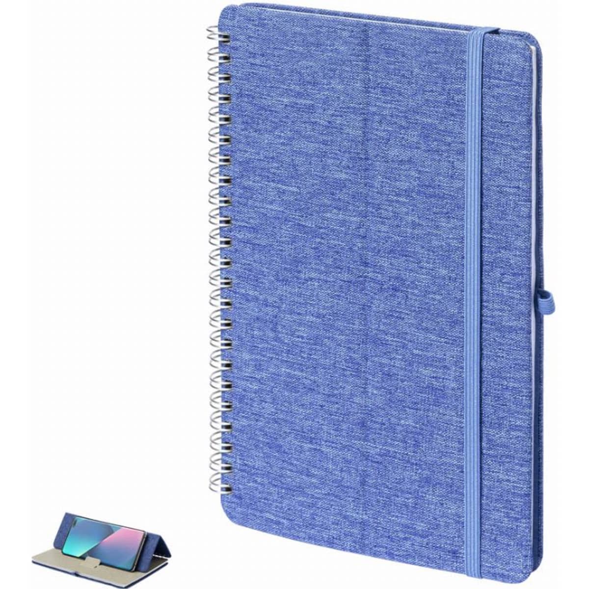 A blue spiral-bound notebook with a textured cover and a matching elastic band closure. It has a visible logo.