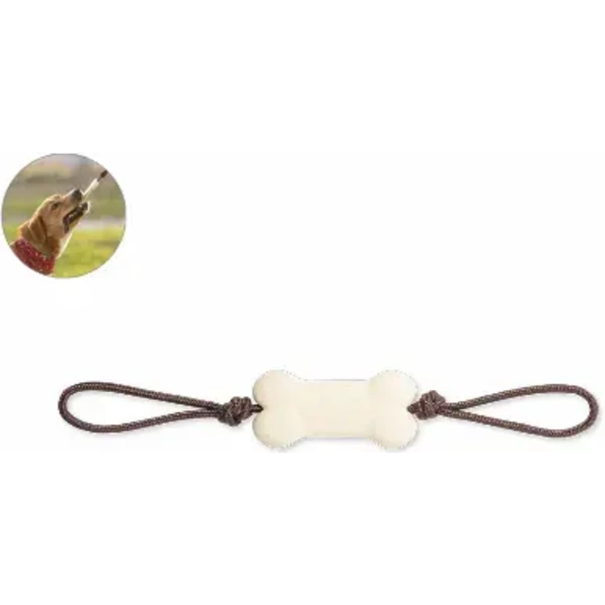A dog toy with a bone shape, featuring a white centre and brown ropes on each end. Includes a small image of a dog.