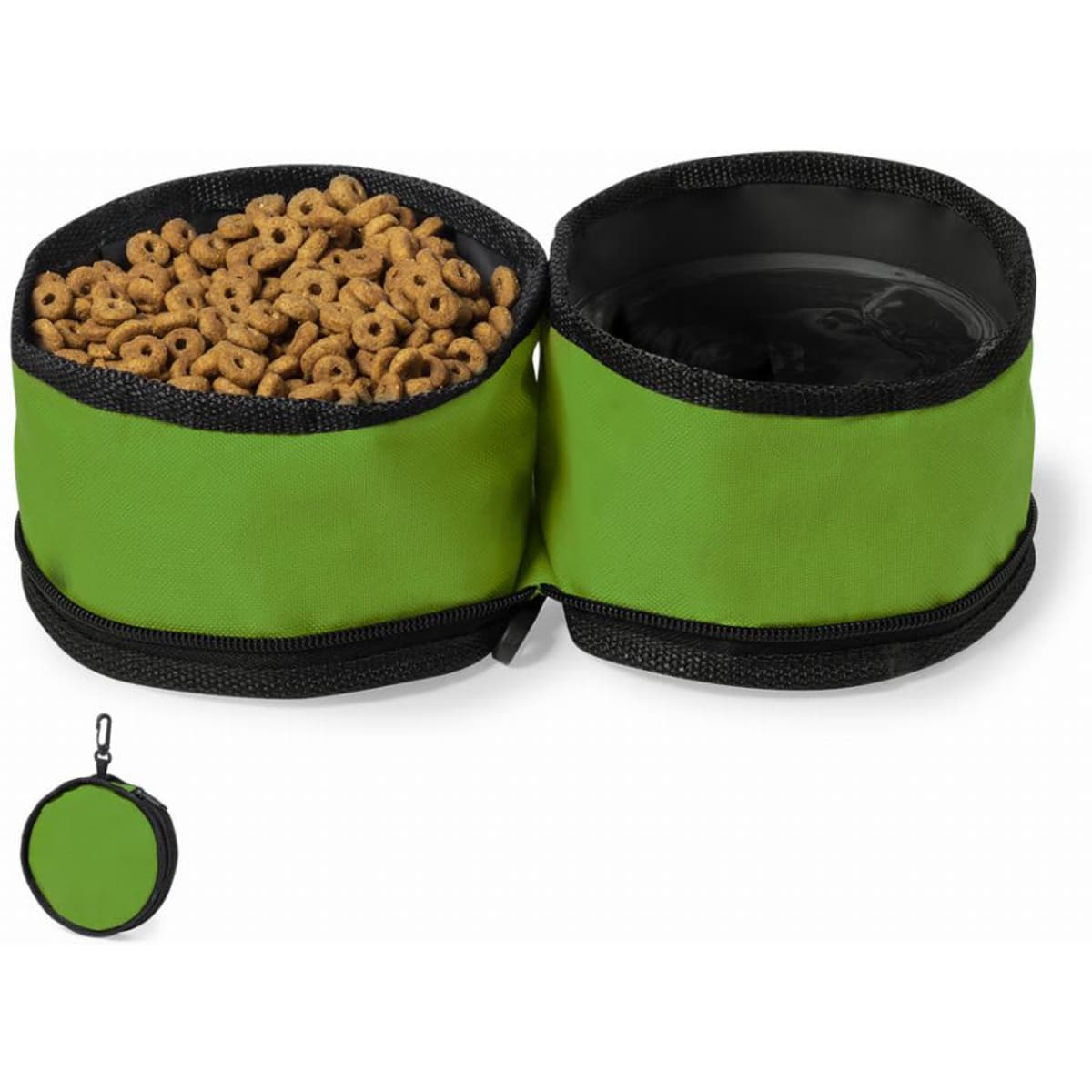 A green zippered container with two compartments, one filled with cereal and the other empty. It has a small clip attached.