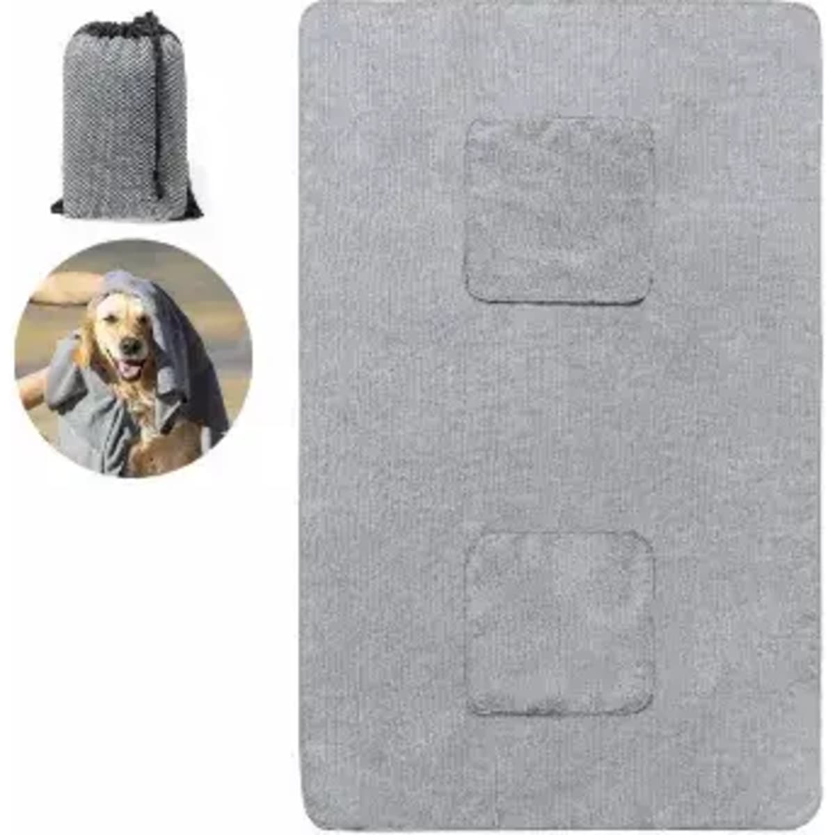 A grey pet mat with two patches, accompanied by a matching storage bag and an image of a dog.