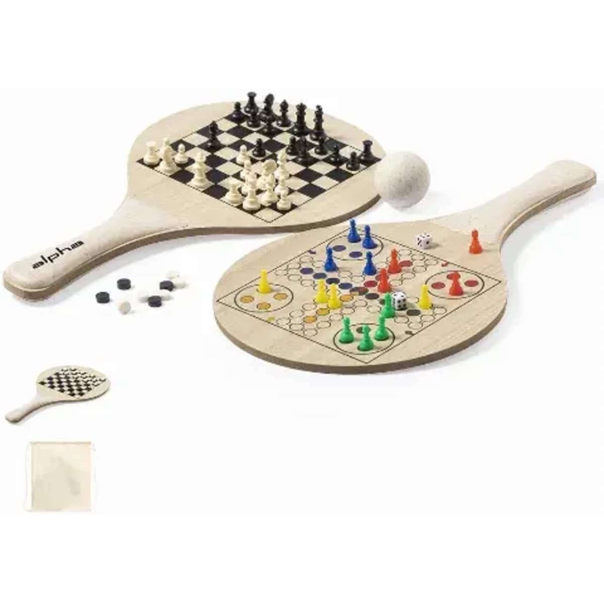 A wooden game set featuring a chessboard and two other game designs, with black and white pieces, colourful pegs, and a ball.