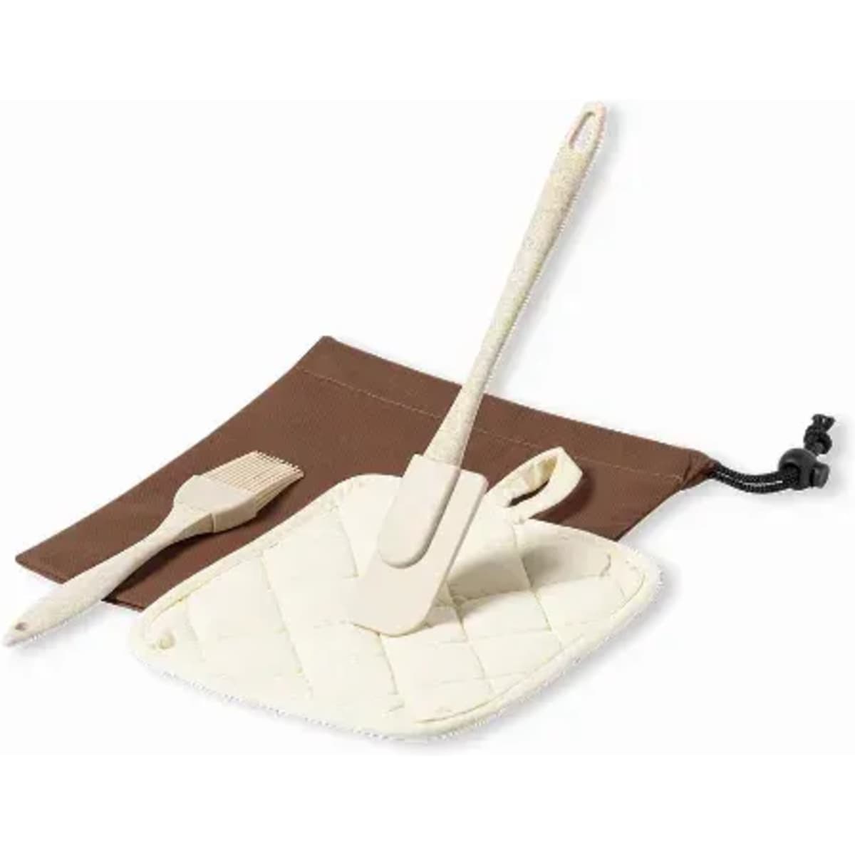 A baking set featuring a cream-coloured spatula, a small brush, and a brown storage pouch.