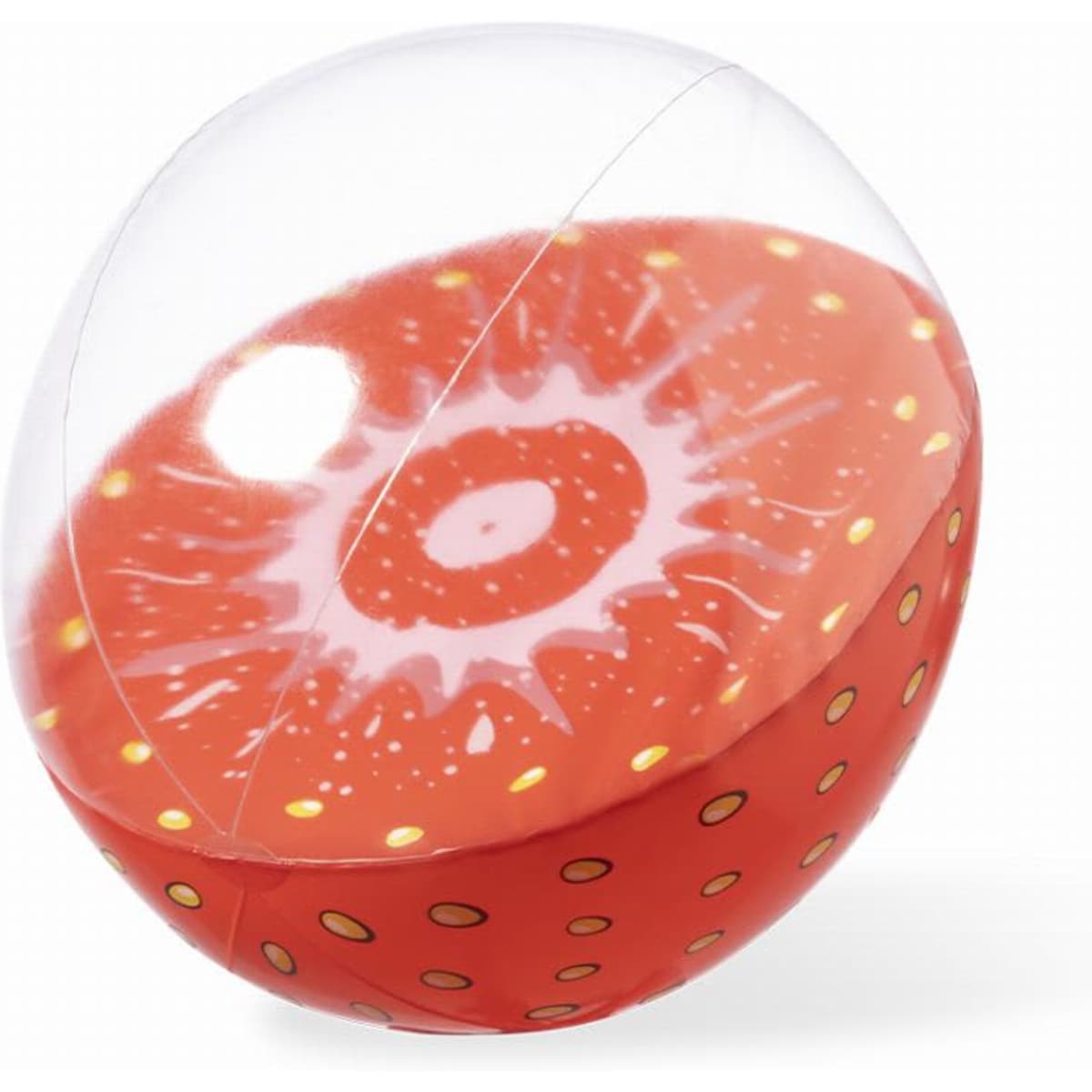 A drink bottle with a clear spherical design featuring a bright red strawberry pattern and yellow accents.