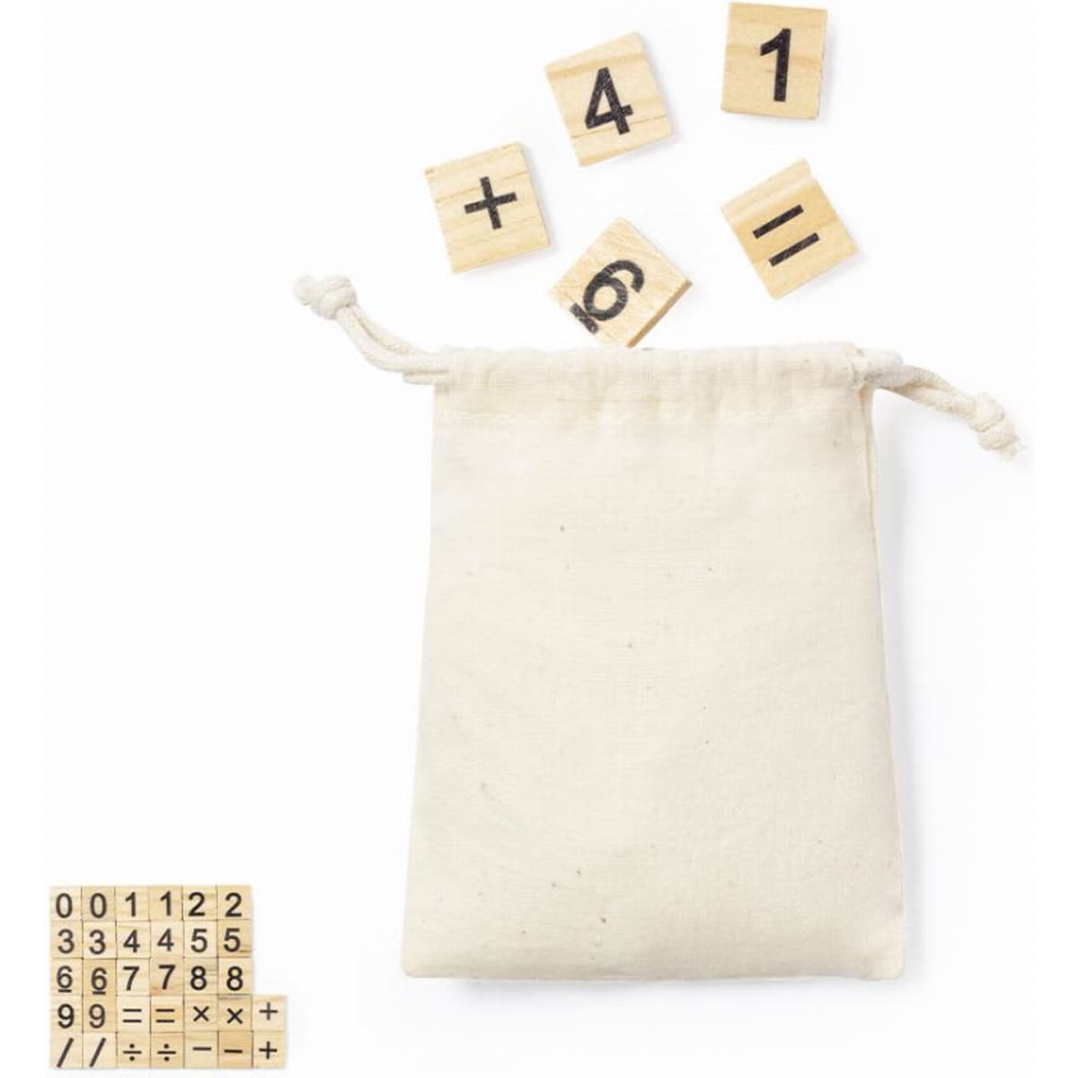A natural fabric pouch contains wooden tiles with numbers and symbols, featuring a light wooden background.