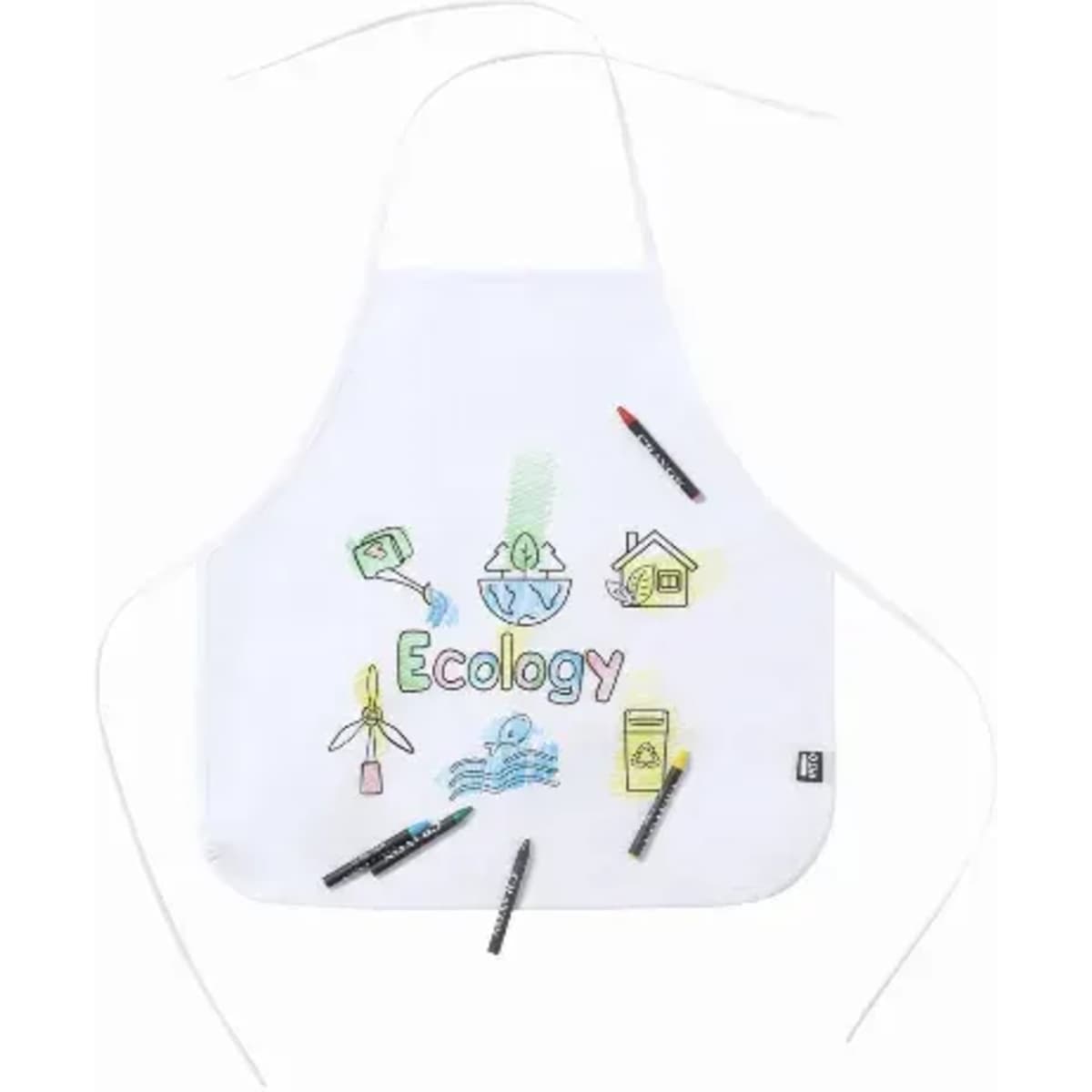An ecology-themed white apron featuring colourful drawings and six fabric markers for customisation.