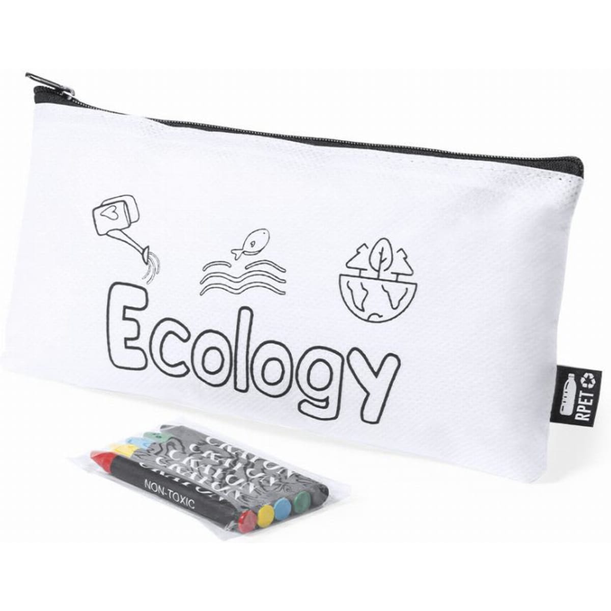 A pencil case in white featuring ecology-themed illustrations, accompanied by non-toxic coloured pencils.