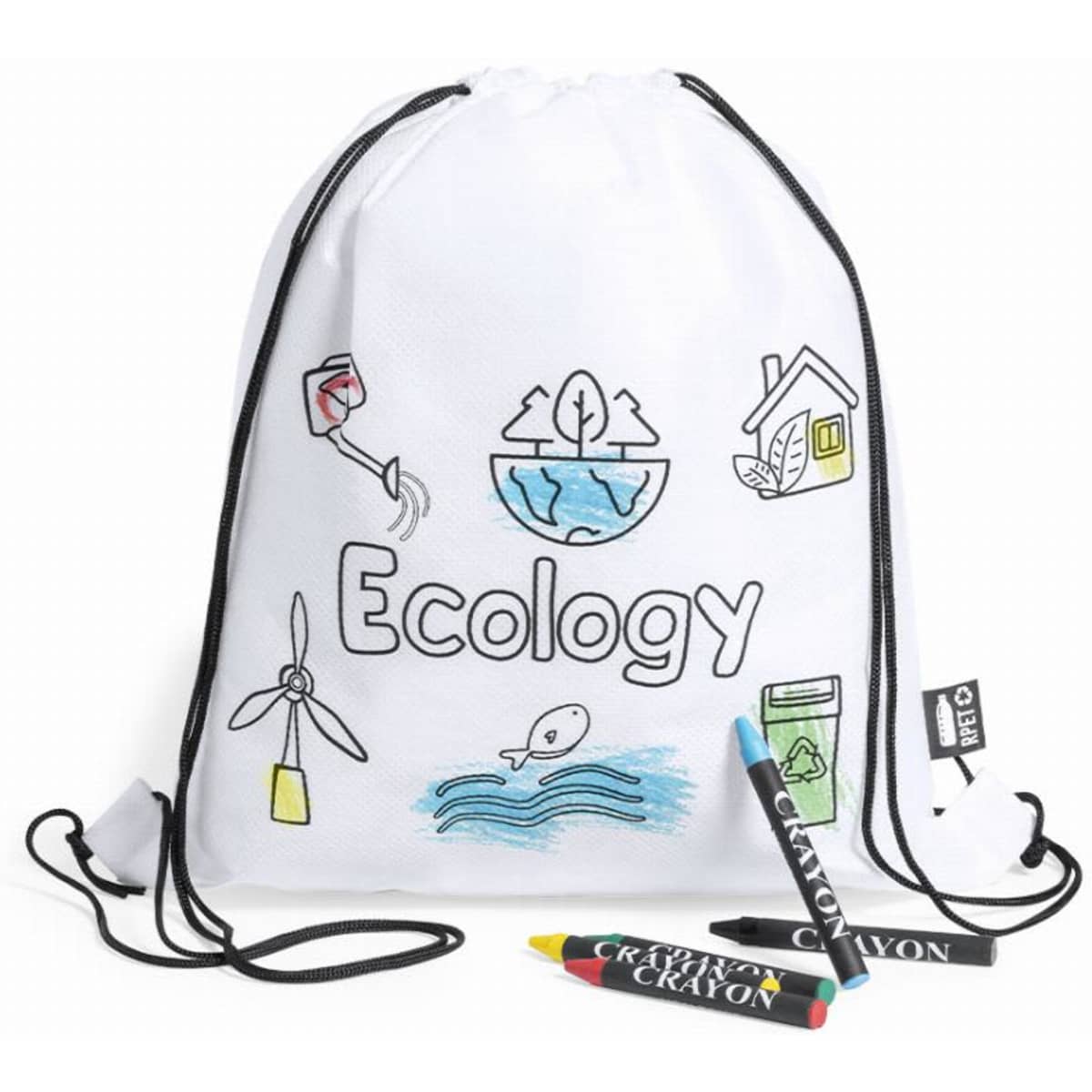 A drawstring backpack in white, featuring ecological illustrations and three coloured crayons beside it.