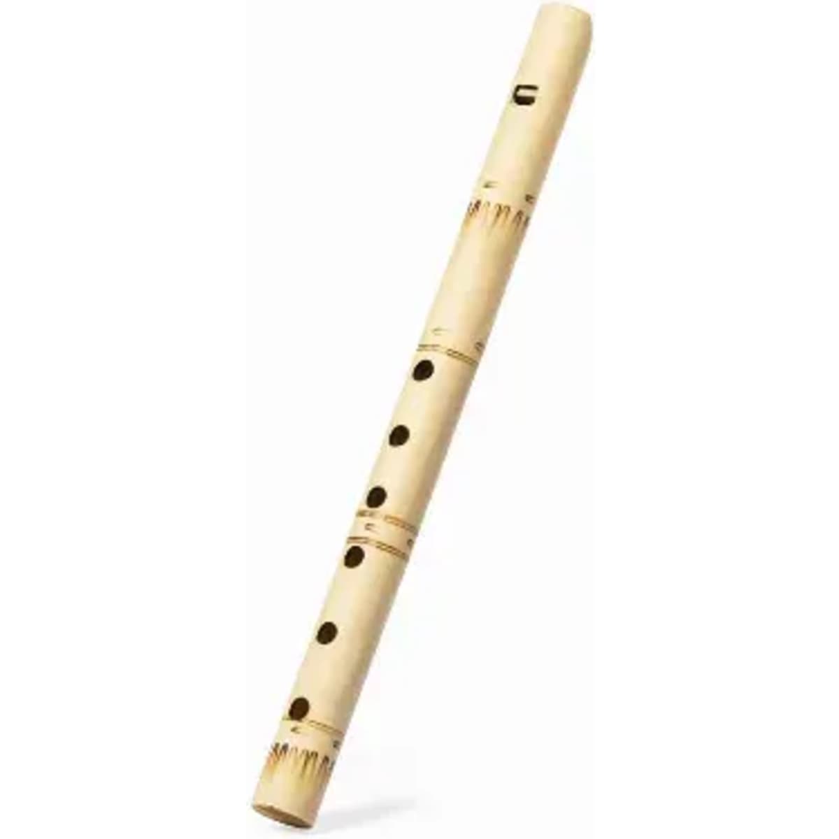 A wooden flute with a natural finish, featuring several finger holes and decorative markings.