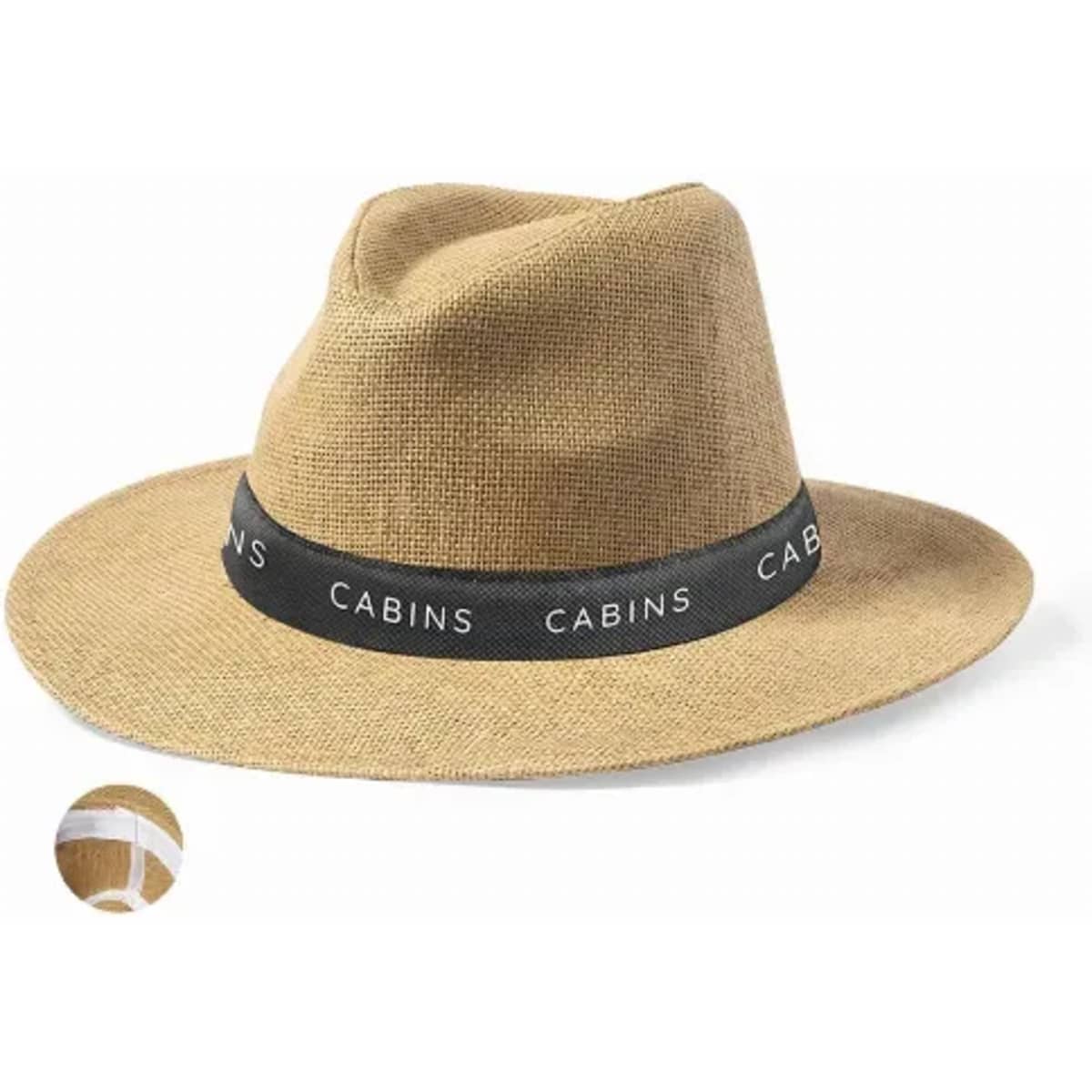 A tan wide-brimmed hat with a black band featuring the word "CABINS." The hat has a textured fabric.