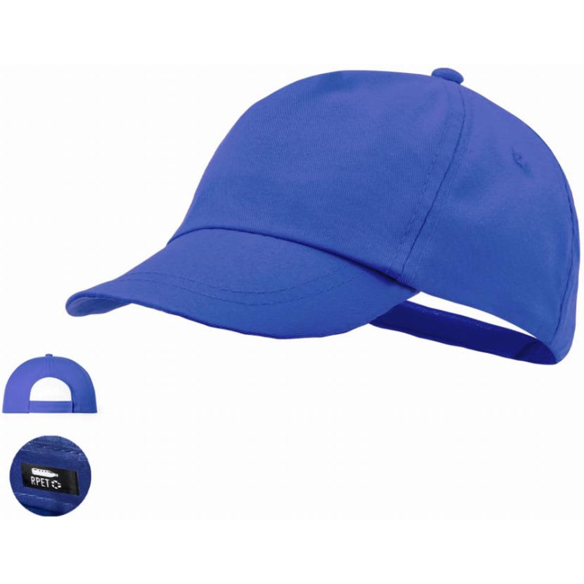 A blue cap with a curved brim and an adjustable strap at the back. It features a logo.