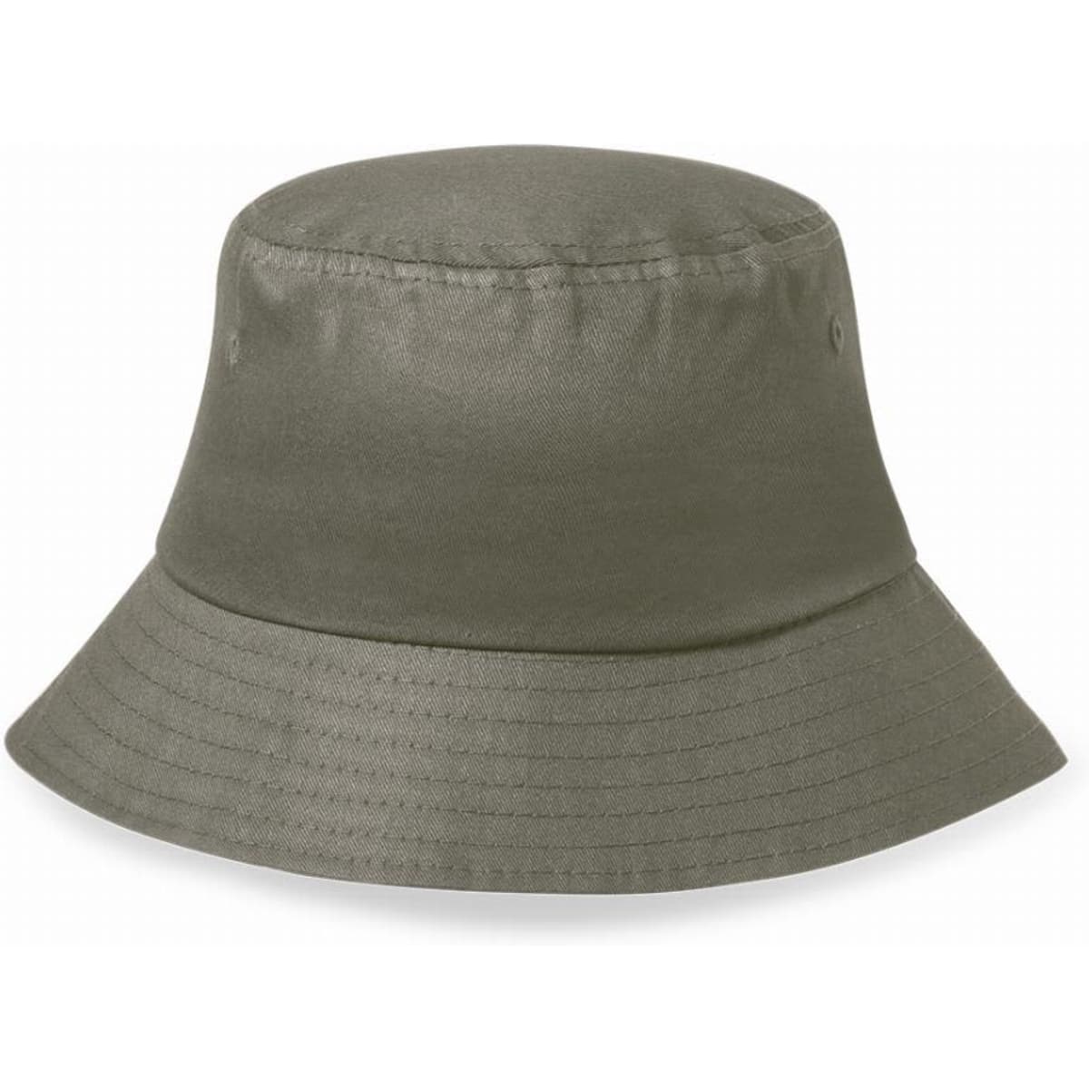 A bucket hat in olive green with a wide brim and a smooth fabric finish. It features a small logo on the side.