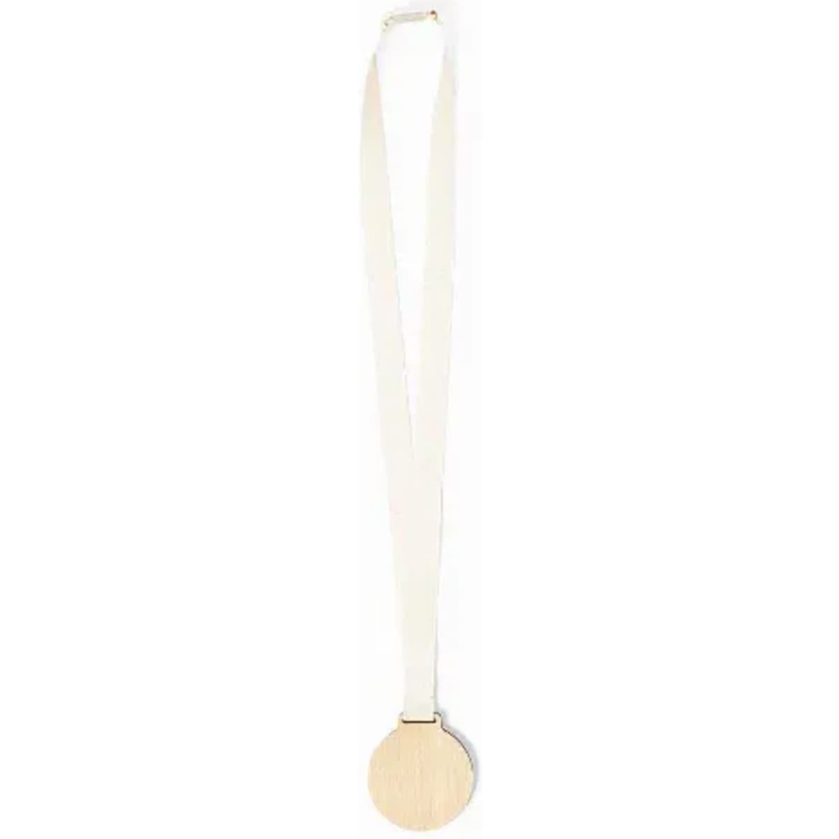 A medal with a round wooden centre and a white ribbon. The medal has a smooth, polished surface.