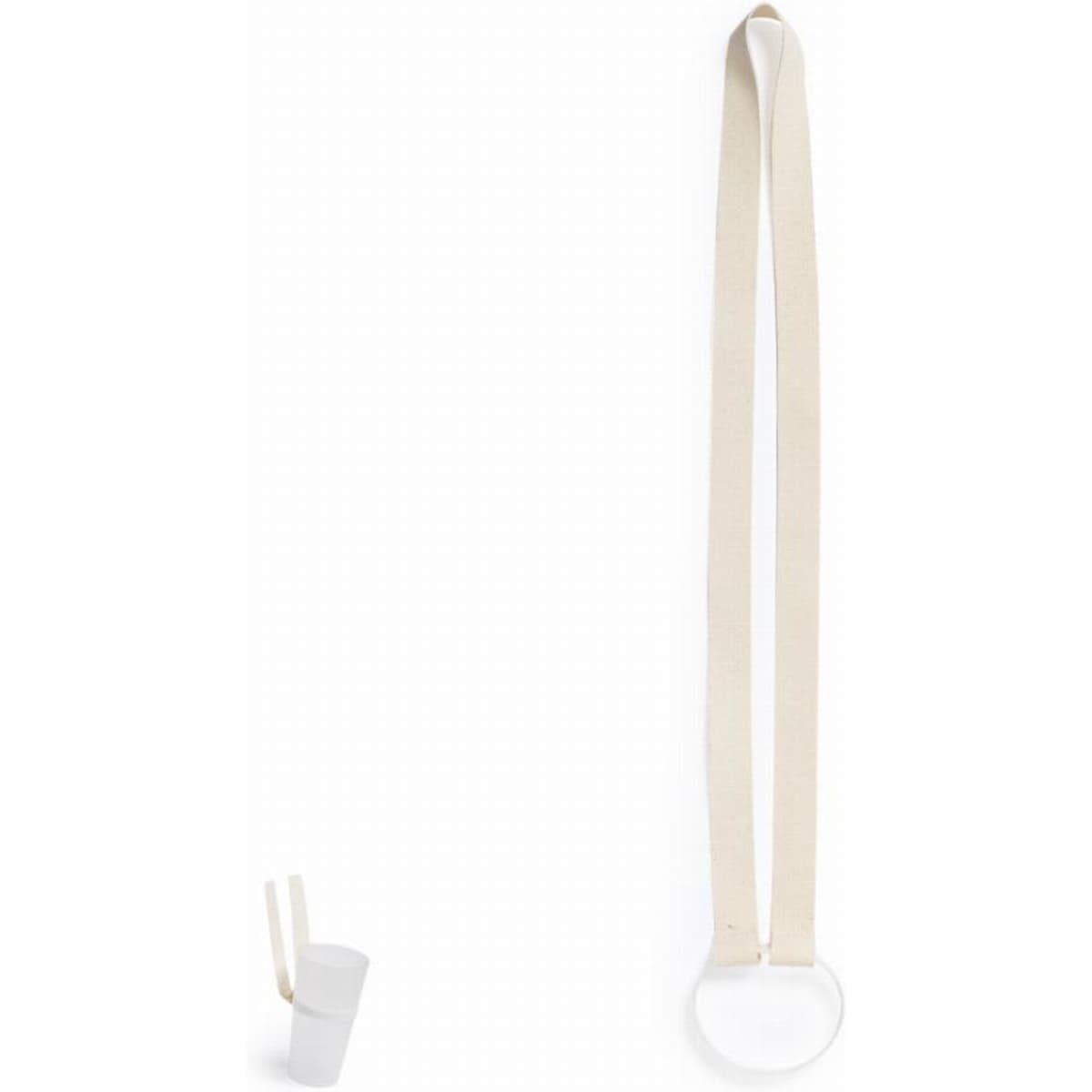A drink bottle with a white body and a light beige strap, featuring a simple circular design and branding.