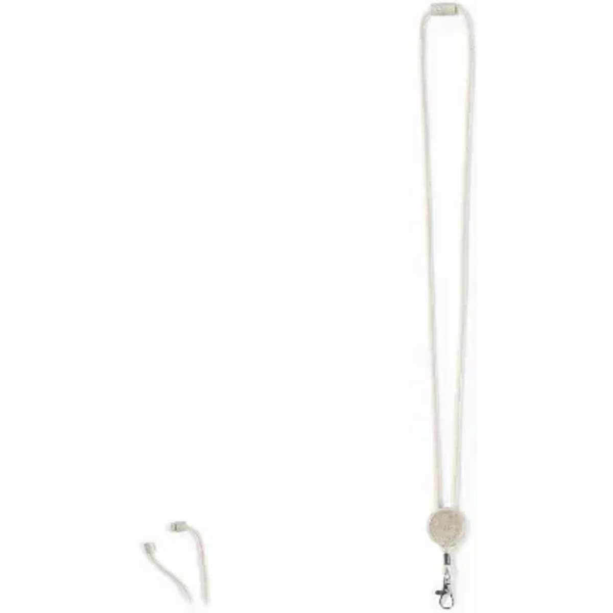 A lanyard in white with a round attachment point and a clip for securing items.