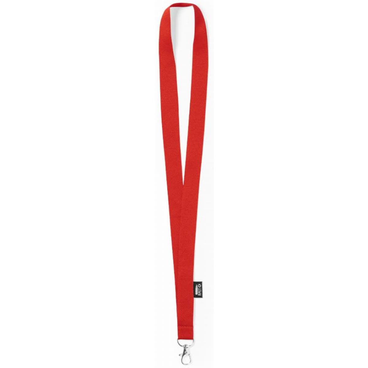 A red lanyard with a clasp attachment and branding logo at the bottom. Simple and durable design.