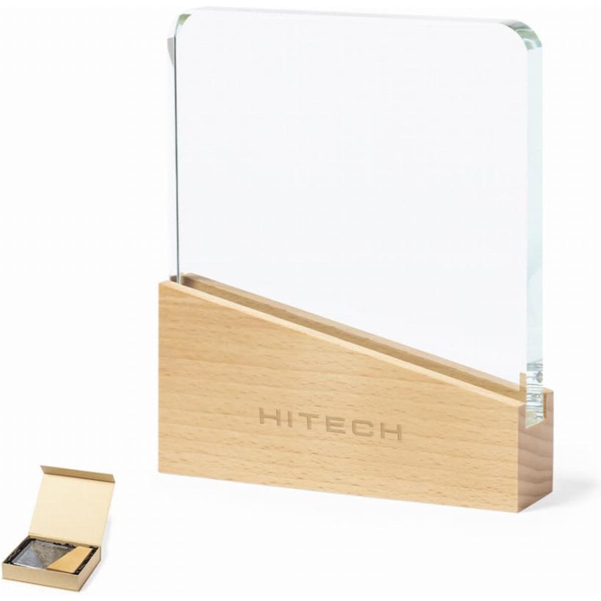 A trophy with a clear glass panel and a wooden base, featuring a logo. Presented in a gold box.