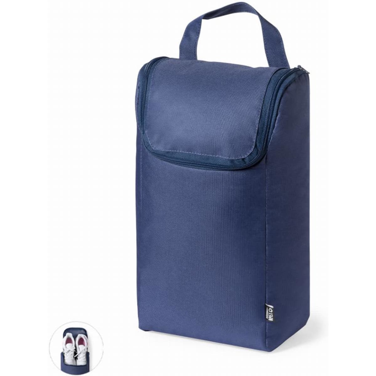 A drink bottle in navy blue with a zippered closure and a handle for easy carrying. Includes a logo on the side.
