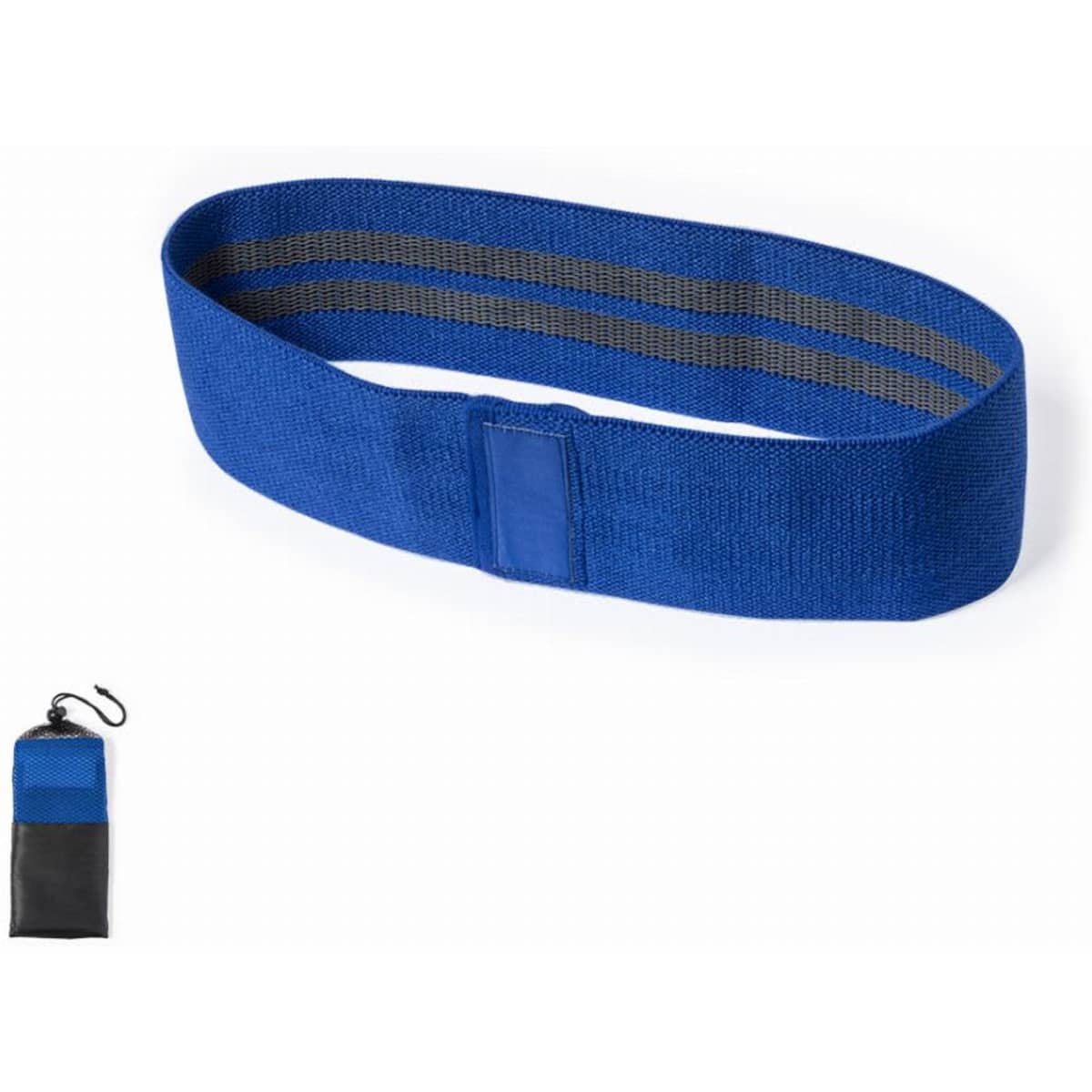 A blue fitness belt with grey stripes, accompanied by a small black pouch. The belt features a secure fastening.