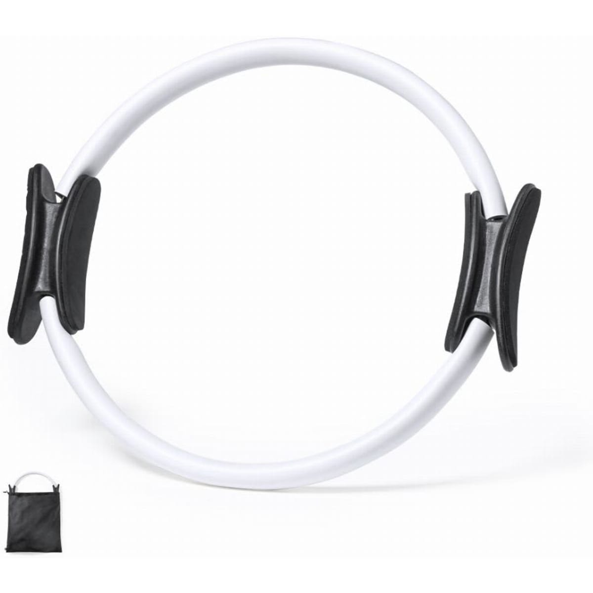 A fitness ring in white with black handles, accompanied by a black tote bag.