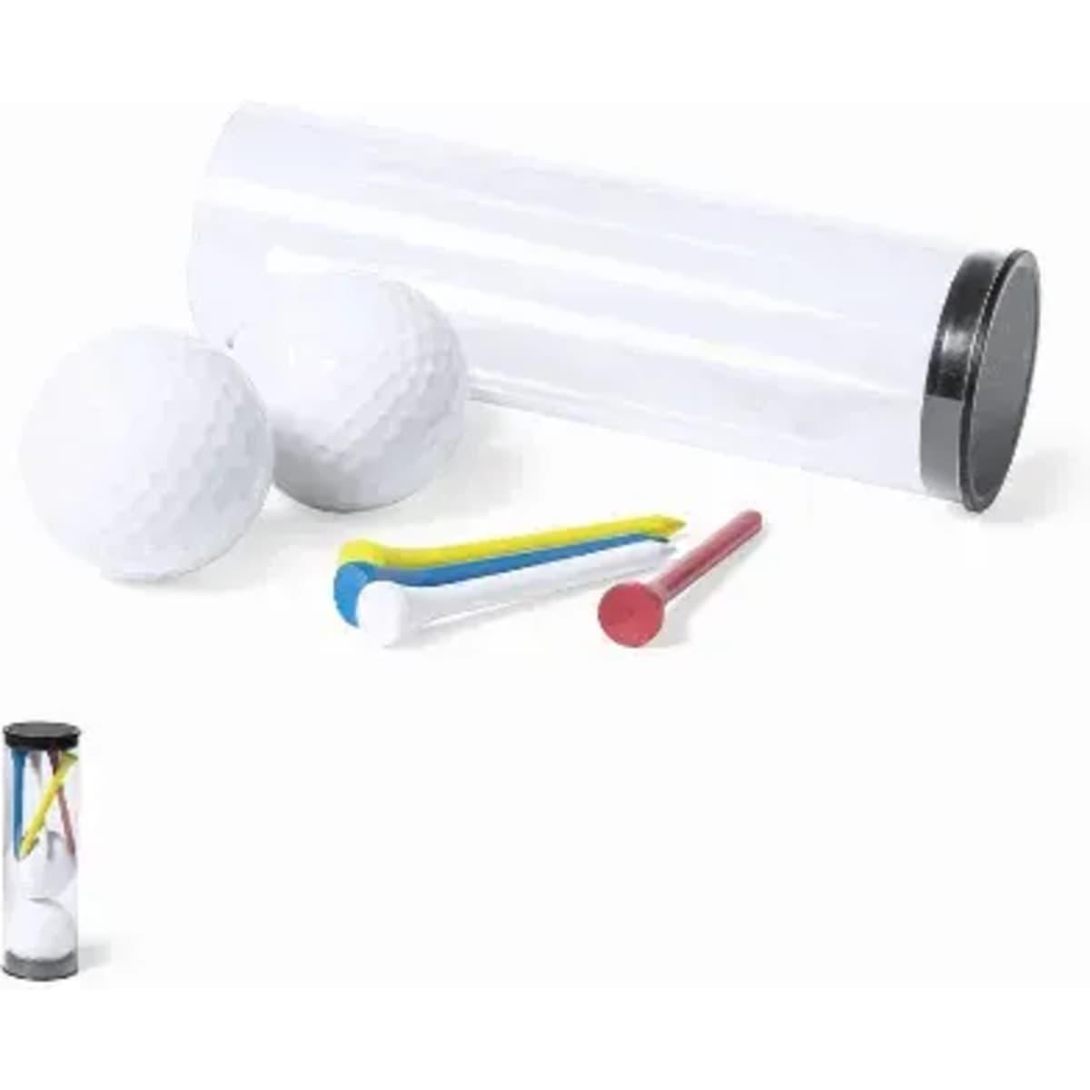 A golf accessory set featuring white golf balls, a black cylindrical holder, and multi-coloured tees.
