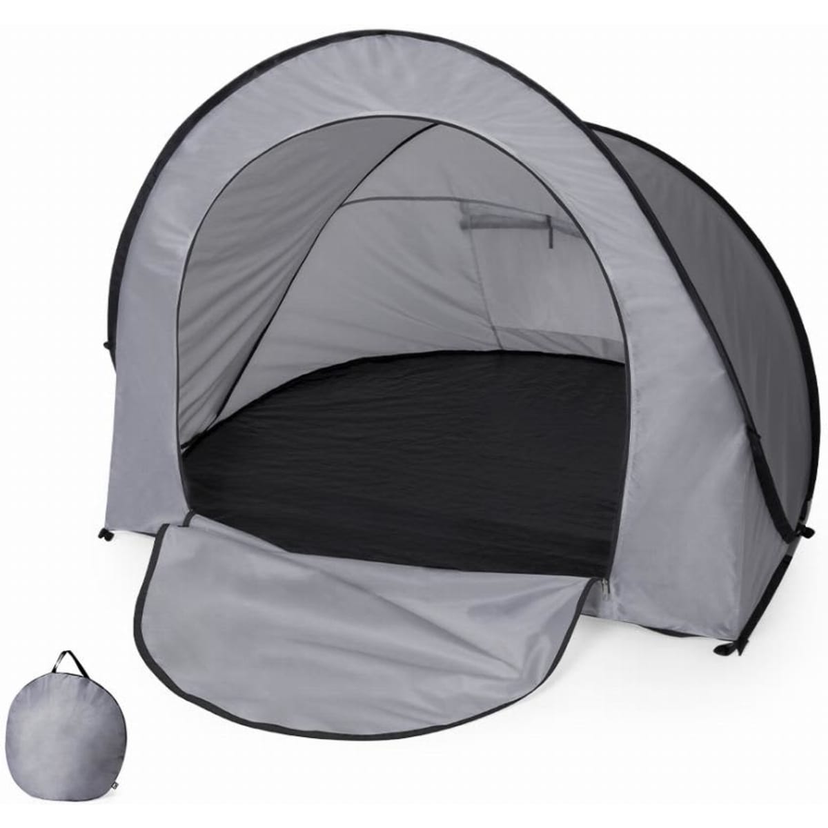 A grey pop-up tent with a black interior, accompanied by a matching carry bag.
