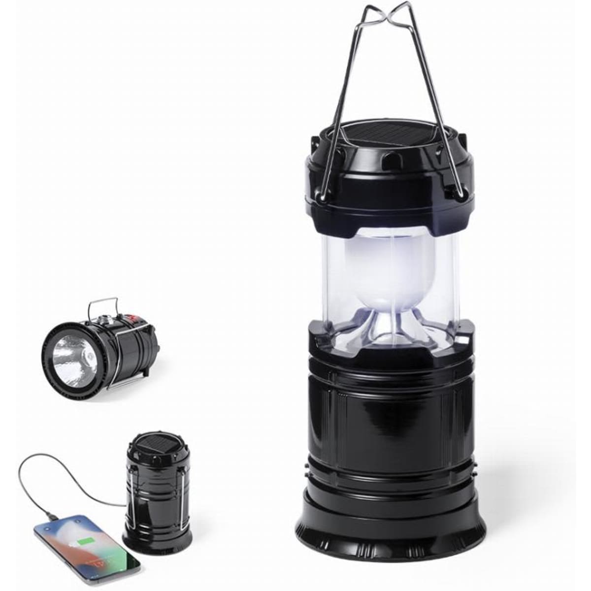 A black lantern with a clear light section, featuring a hanger and a compact flashlight beside it.