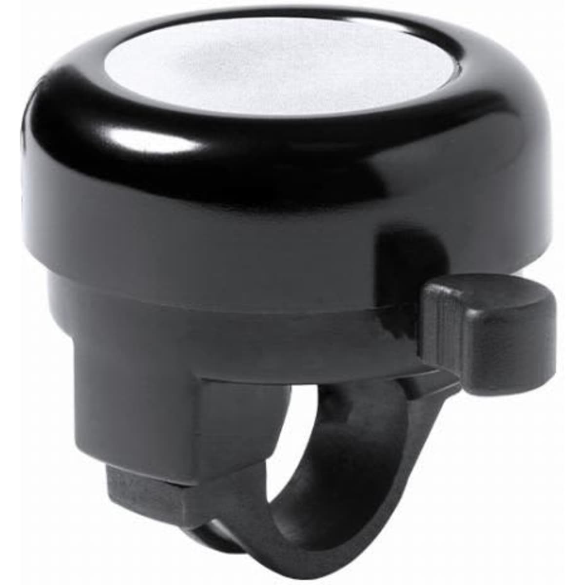 A black bicycle bell featuring a shiny top and a side lever for ringing. It has a mounting bracket for attachment.