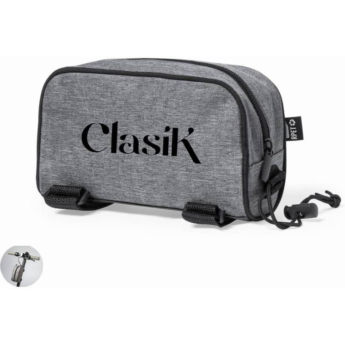 A grey toiletry bag with a zippered closure, featuring branding on the front and a clip attachment on the side.