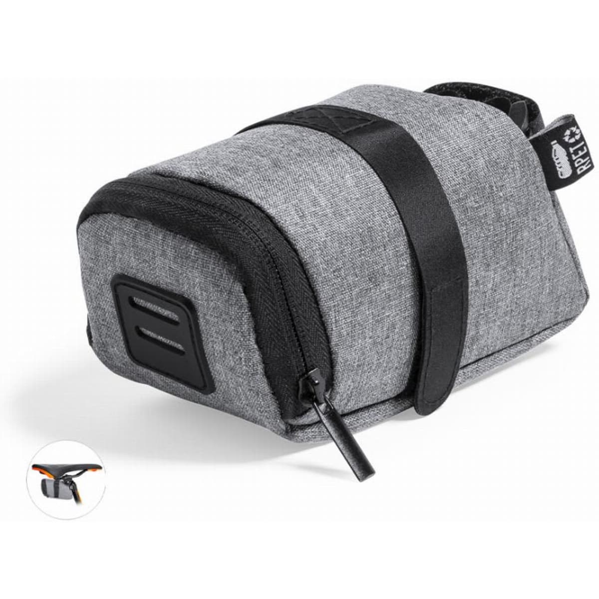 A grey storage pouch with a zip closure and strap, featuring a small logo and a compact design.