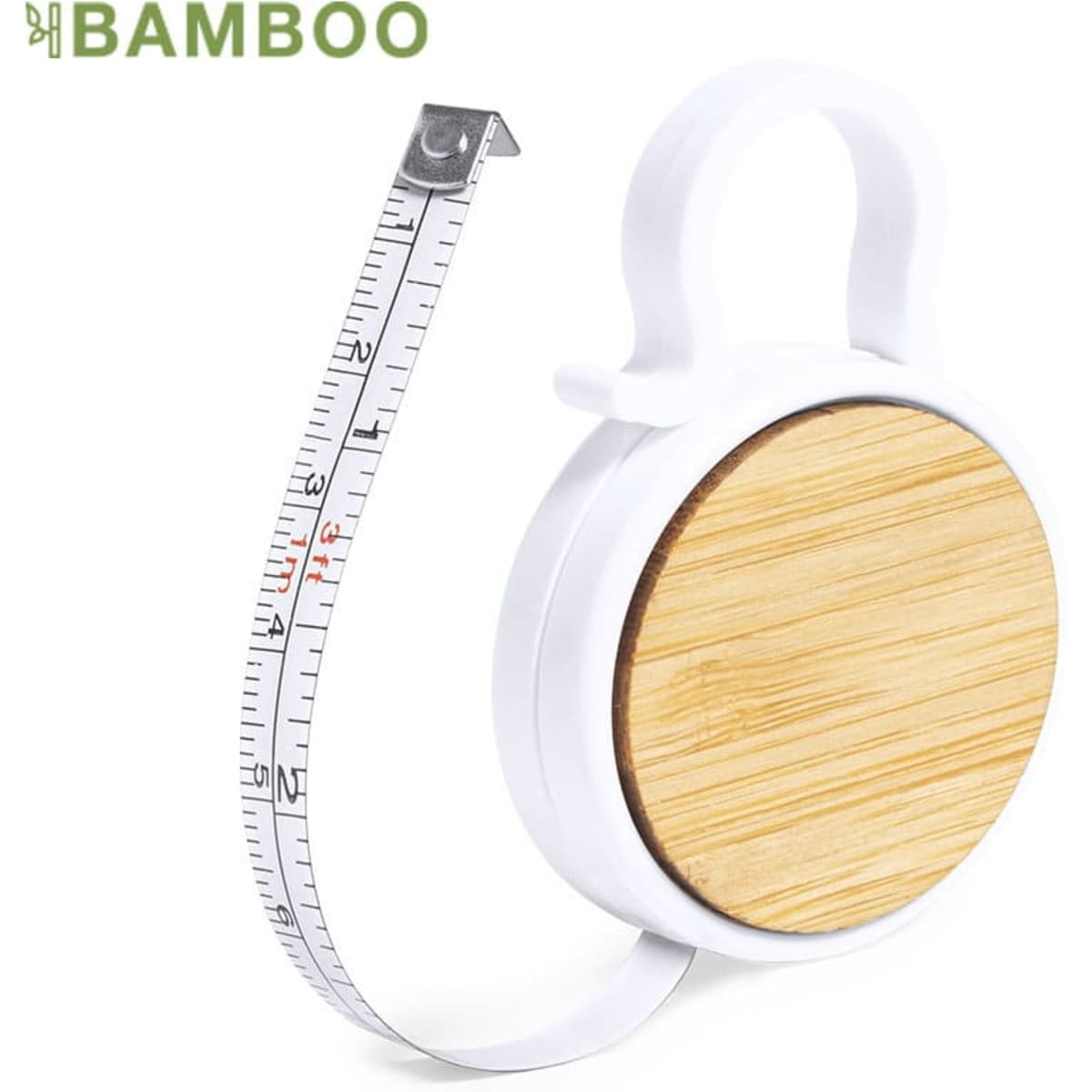 A tape measure with a wooden circular casing in beige and a white plastic holder. It features a measuring tape.