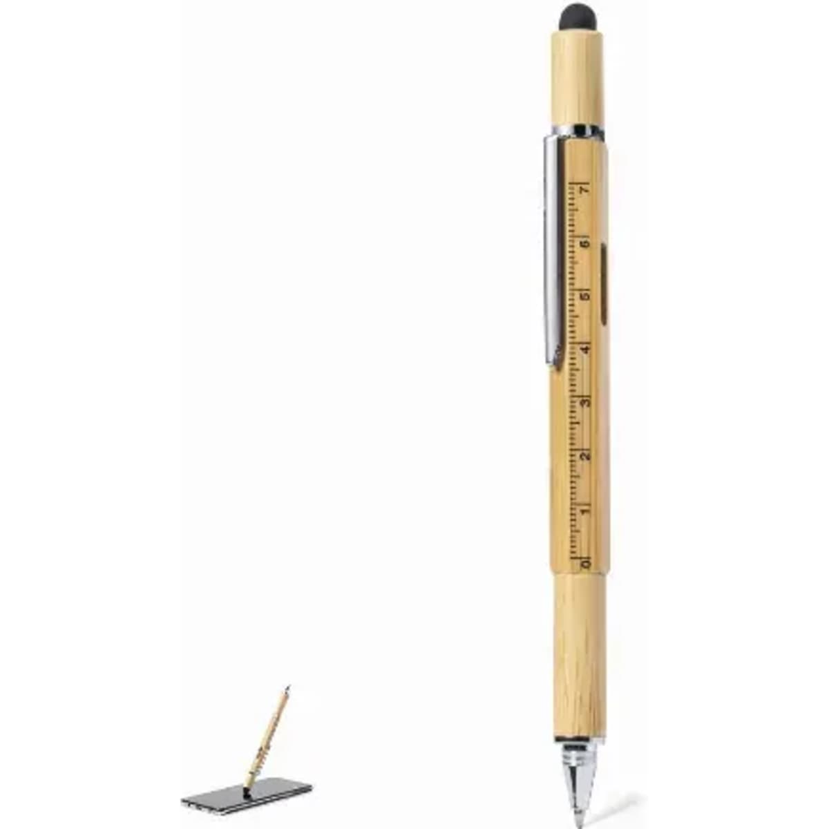A pen with a wooden barrel featuring a ruler, alongside a small paper clip holder. The pen includes a black stylus tip.