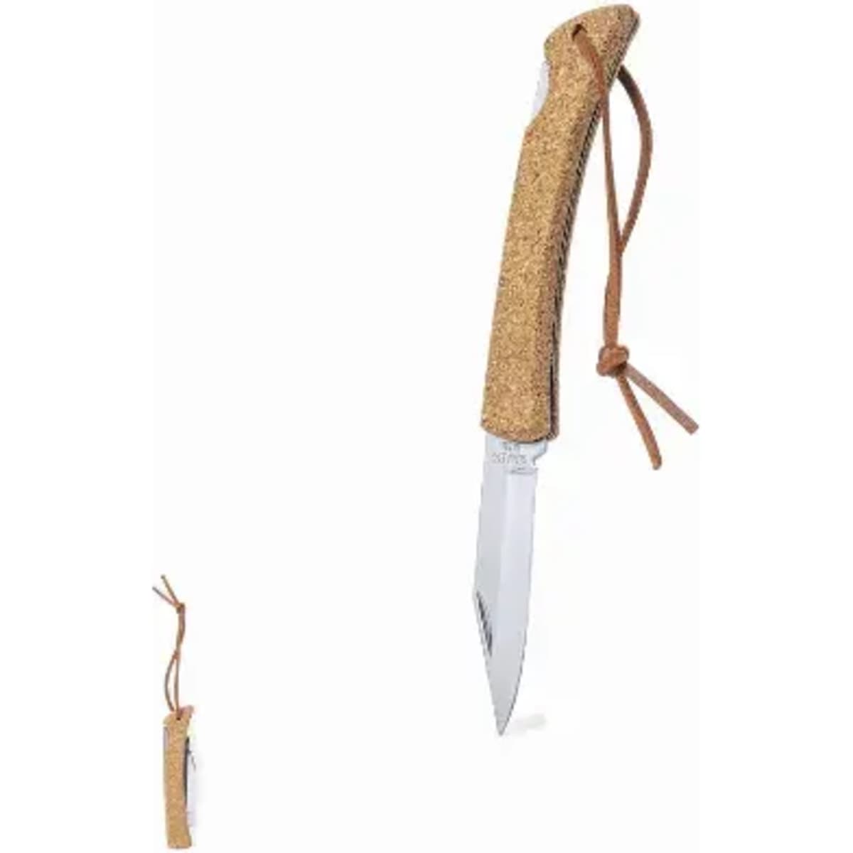 A knife with a cork handle and a silver blade, featuring a brown leather thong for easy carrying.
