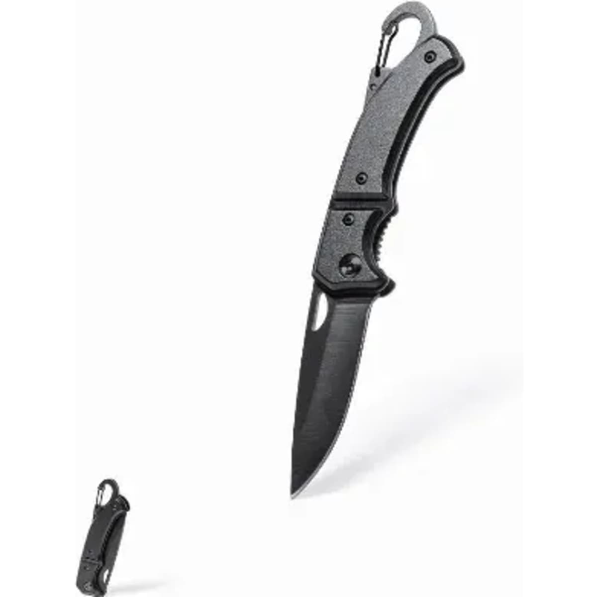 A folding knife with a black handle and blade, featuring a clip for easy attachment.