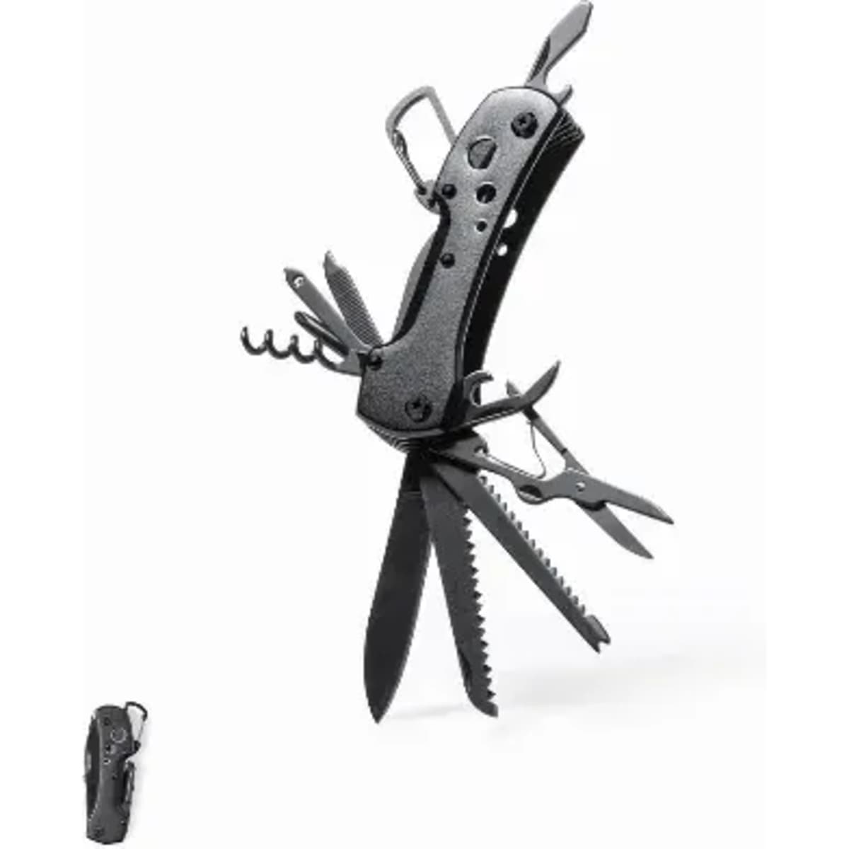A multi-tool knife with various functions, featuring a black handle and multiple blades, including scissors and a saw.