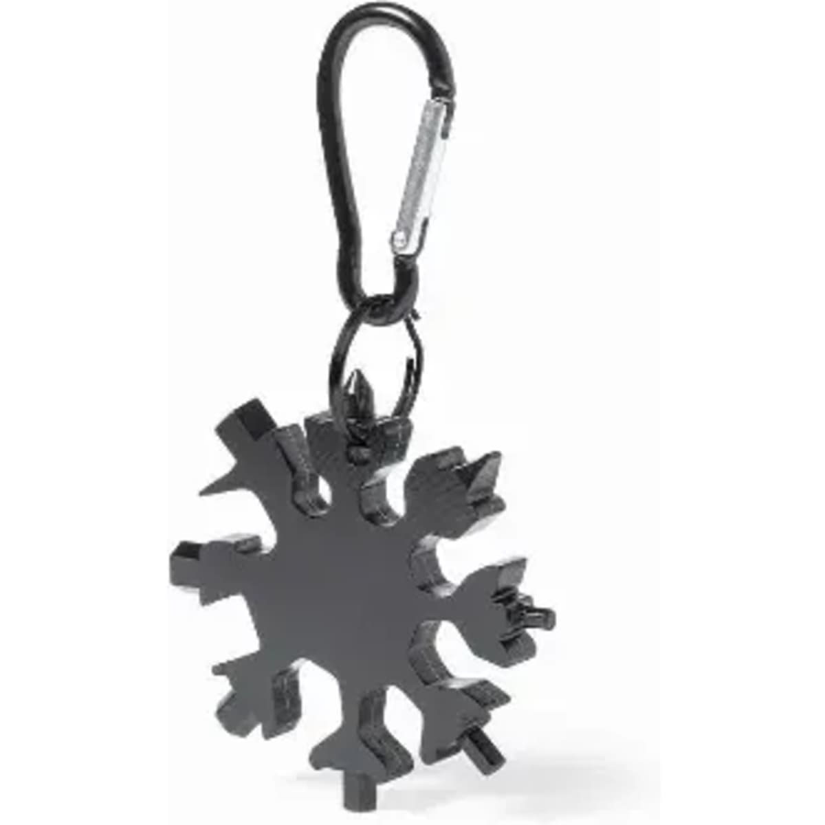 A black snowflake-shaped keychain with a carabiner clip, featuring a simple and stylish design.