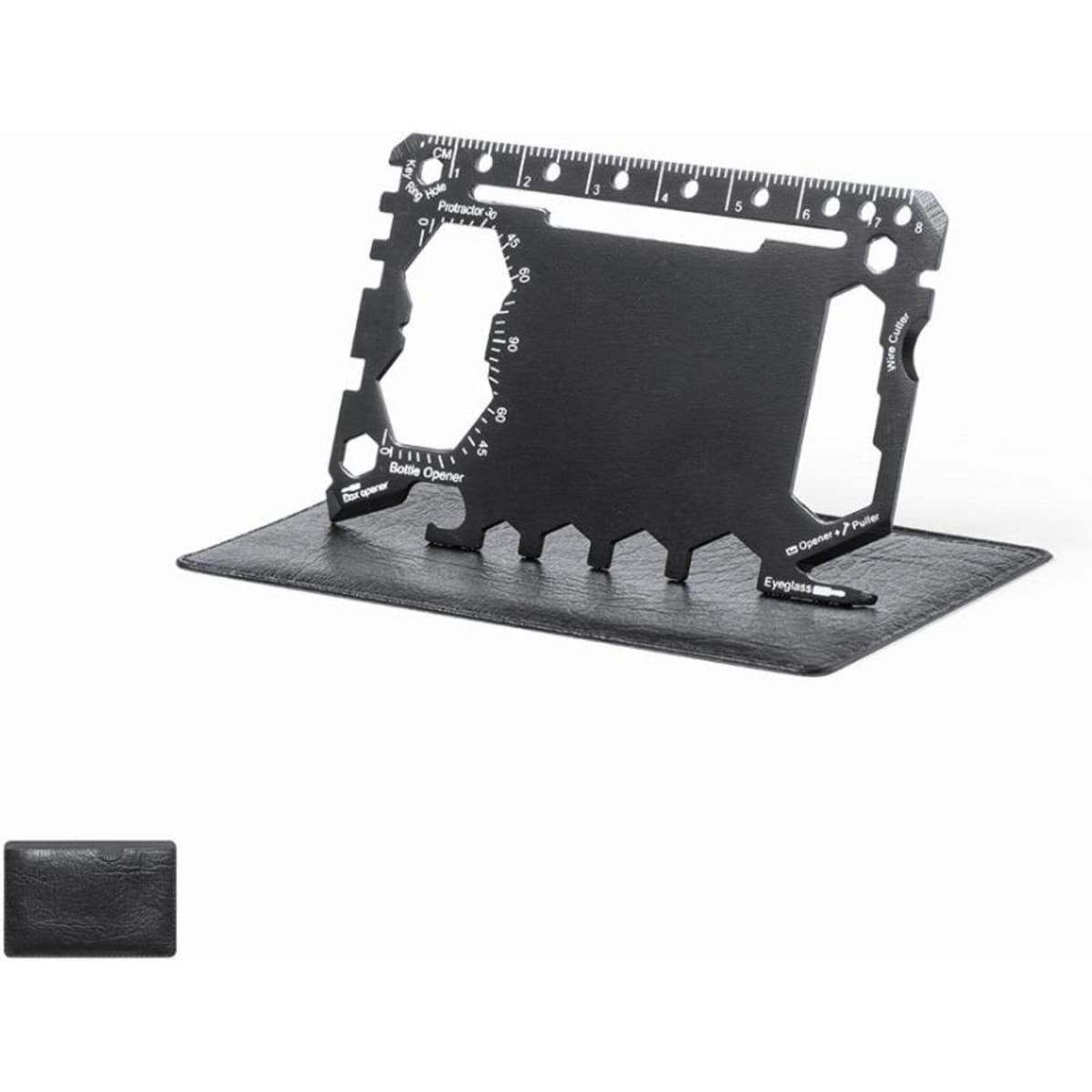 A multi-tool card in black, featuring various functions and measurements, displayed on a leather-like holder.
