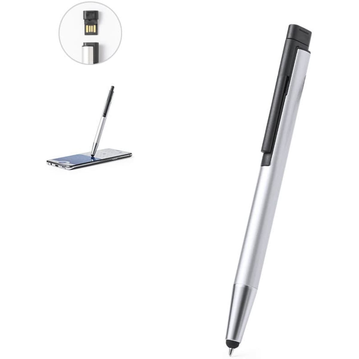 A silver pen with a stylus tip and USB connector, featuring a logo on the side.