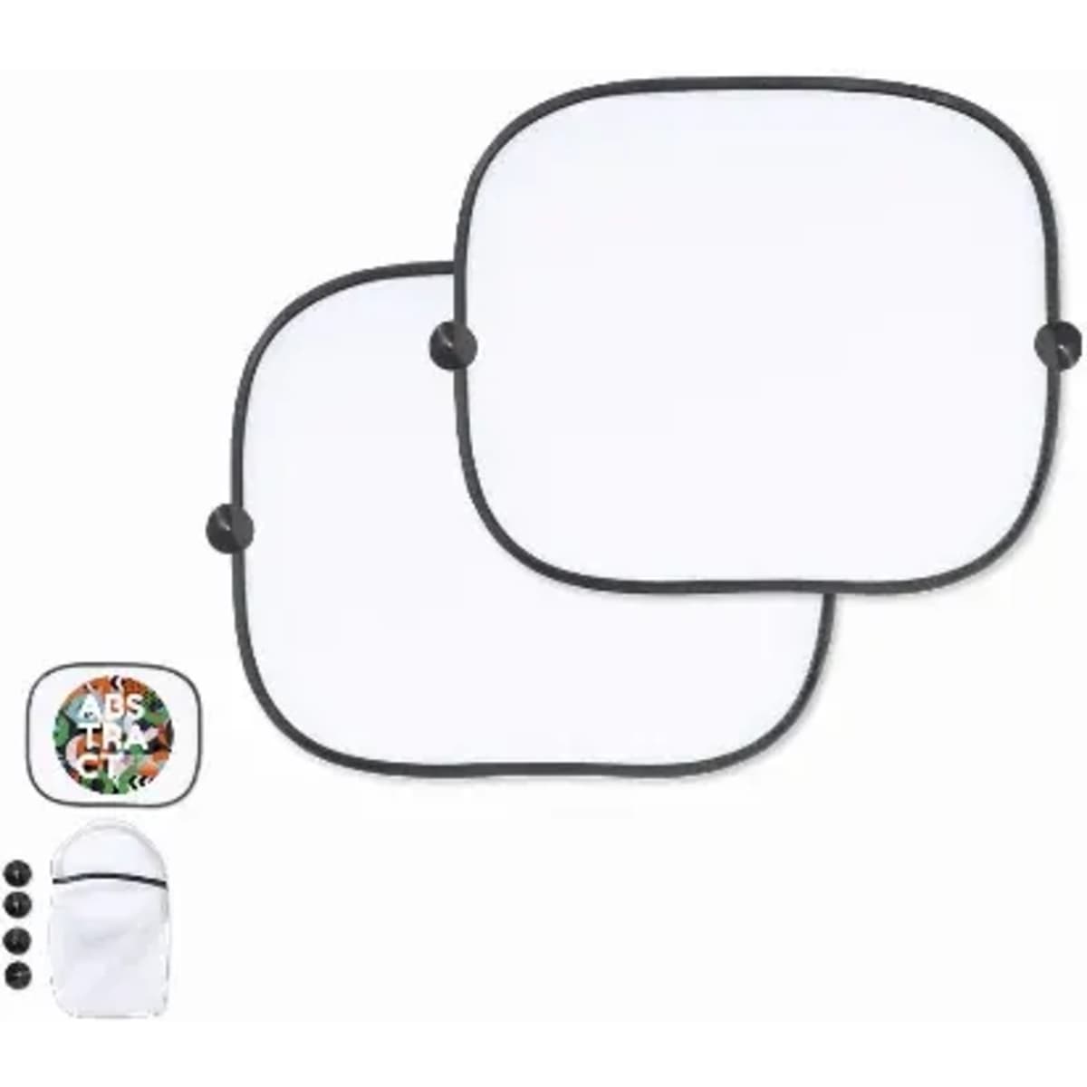 A set of two white car sunshades with black trim and a small storage pouch, featuring multiple suction cups.