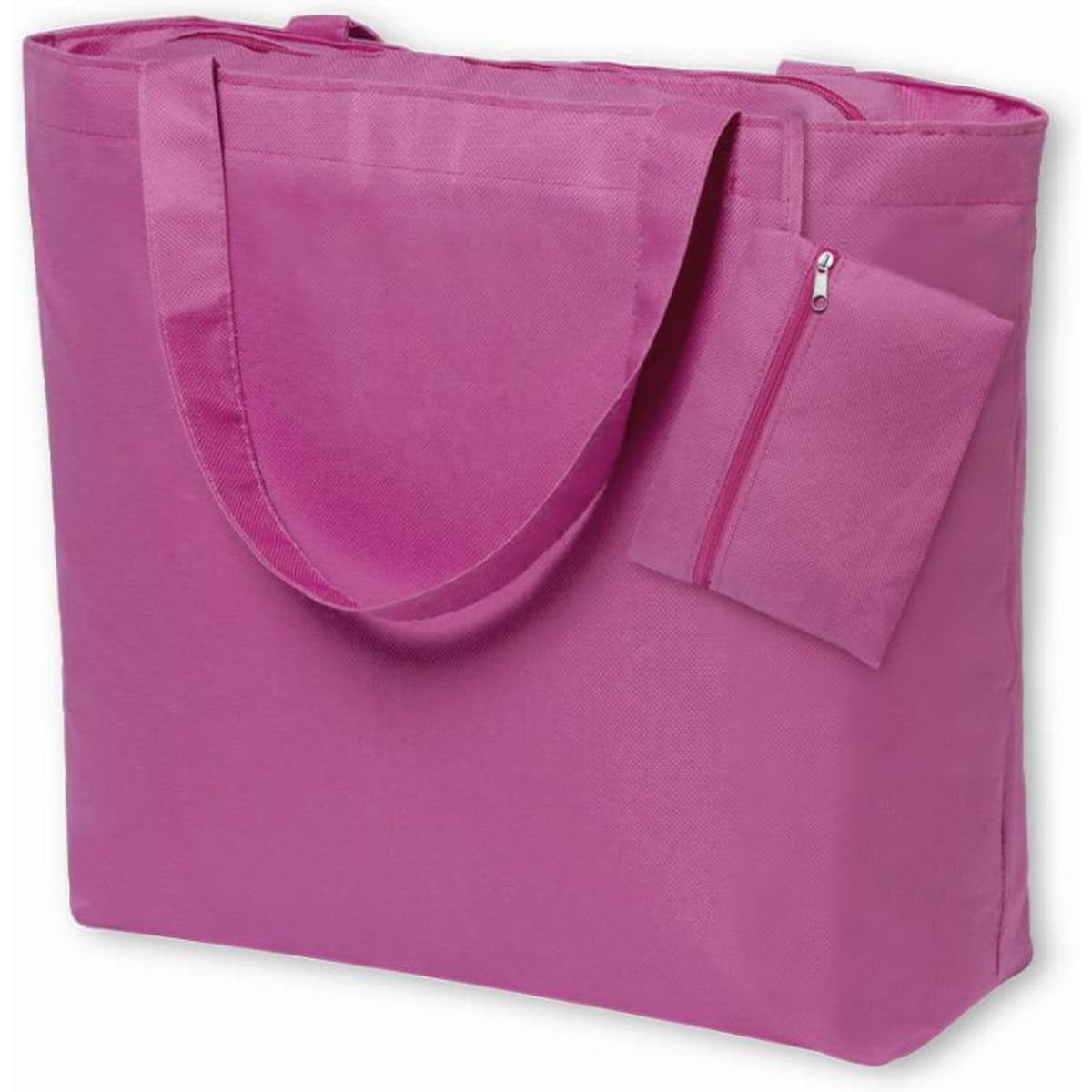 A pink tote bag with two handles and a small zippered pouch attached to the front.
