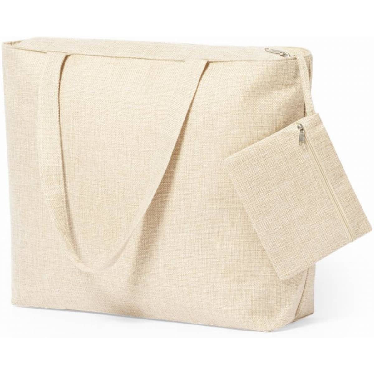 A beige tote bag with a zip closure and a smaller zip pouch attached. The bag has two handles.