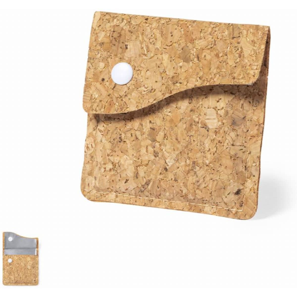 A cork wallet with a fold-over flap and snap closure, featuring a minimalistic design.