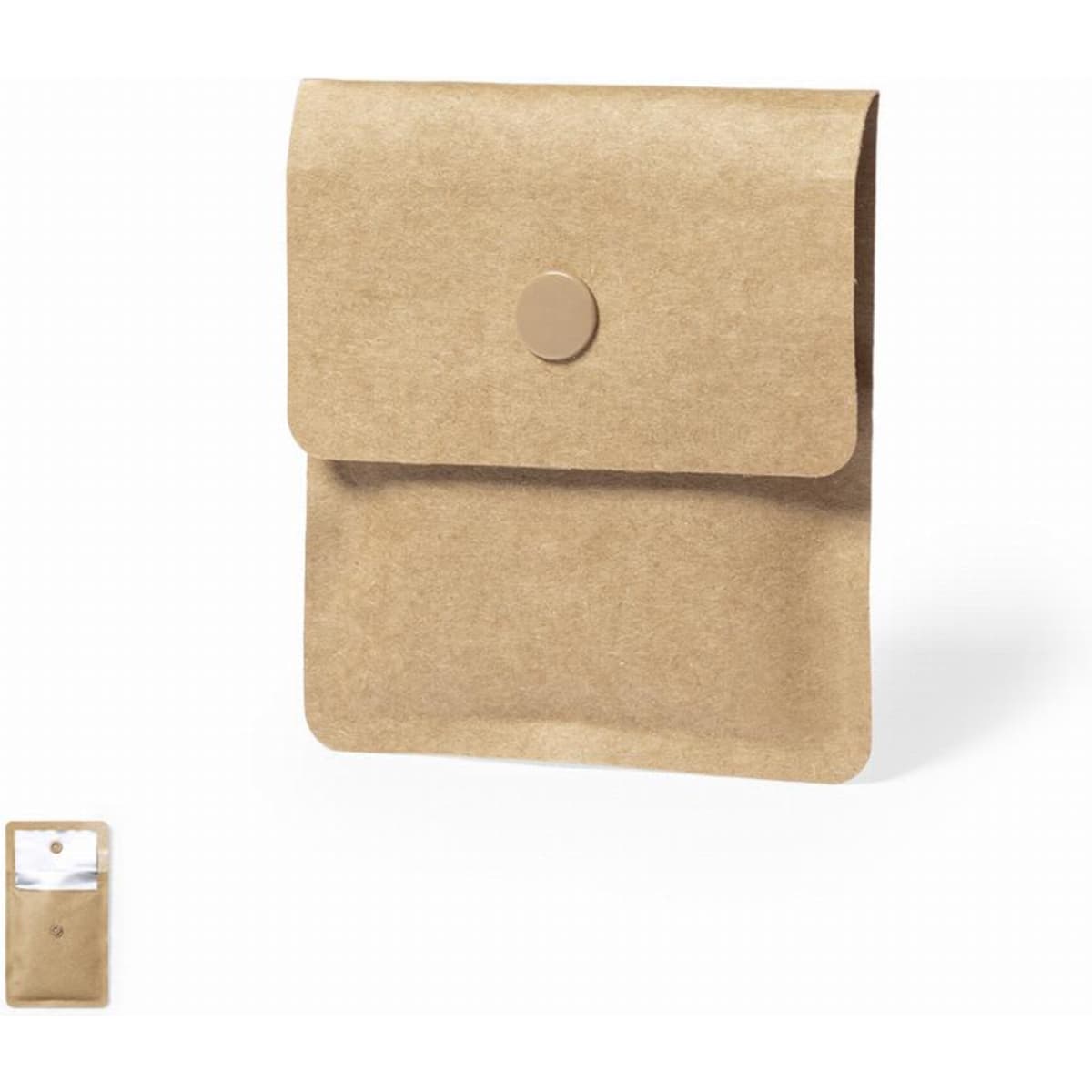 A brown paper pouch with a button closure, featuring a clear pocket on the front and a minimalistic design.